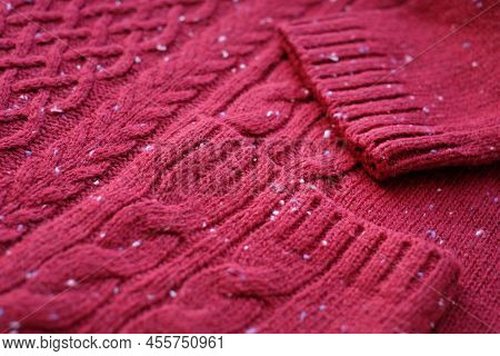 Red Wool Knitted Sweater, Abstract Background, Close-up