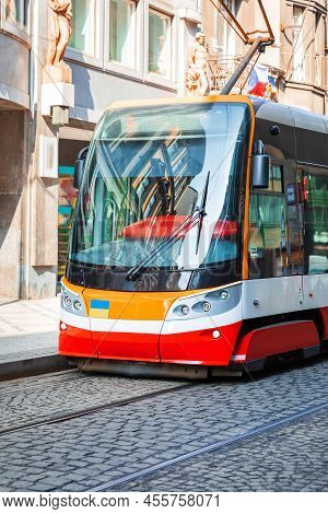 Typical Tram On Tracks In The Streets Of Prague City, Czech Republic. Public Transport Concept.