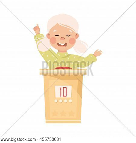 Little Girl Playing Quiz Game Or Mind Sport Standing At Press Button Answering Question Vector Illus