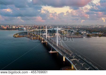 Drone View Of The Gulf Of Finland, Saint-petersburg, Russia, With A Stadium, Western Rapid Diameter 