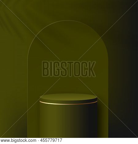 Abstract Studio Room With Green And Golden Color Pedestal Podium. Vector