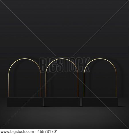 Abstract Room With Luxury Black And Golden Pedestal Podium. Vector