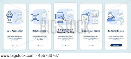 Sales Tools Light Blue Onboarding Mobile App Screen. Marketing Walkthrough 5 Steps Editable Graphic 