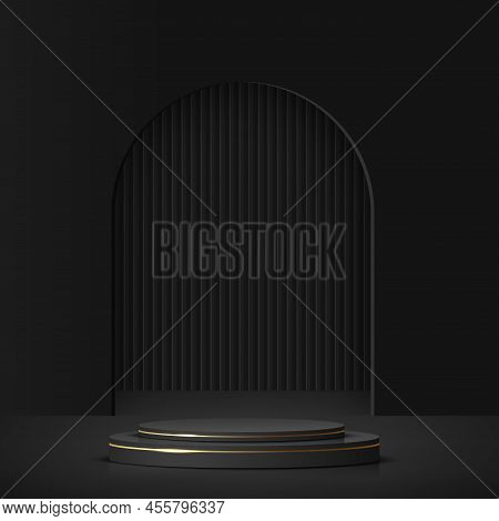 Abstract Background With Black And Gold Podium For Presentation. Vector