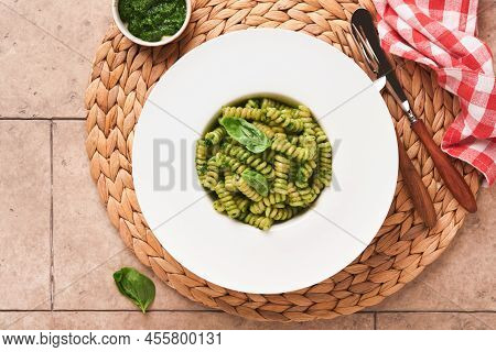 Italian Fusilli Pasta With Pesto. Fusilli Pasta With Basil Pesto And Herbs, Parmesan Cheese, Basil A