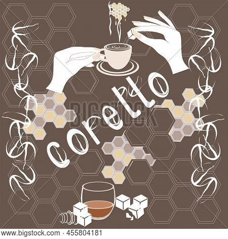 Drawing Of A Cup Of Coretto Coffee With Honey And Sugar And A Glass Of Cognac For The Design Of The 