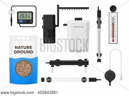 Collection Realistic Aquarium Equipment Vector Illustration Thermometers, Air Pump, Pipes, Fish Food
