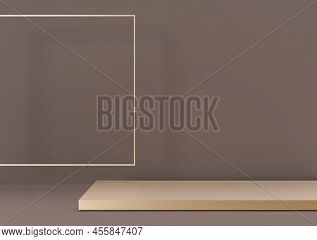 Golden Podium For Product, Cosmetic Presentation. Brown Colors. Mock Up. Pedestal Or Platform For Be