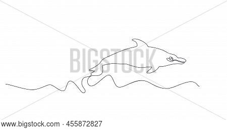 Dolphin Is Swimming In Sea. One Black Line Drawing Dolphin On White. Modern Cute Mammal Animal Desig