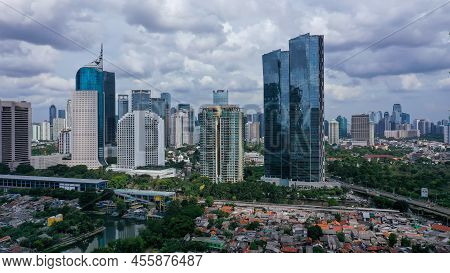 Aerial View Of Office Buildings In Jakarta Central Business District, Indonesia. Aerial View Of Mode