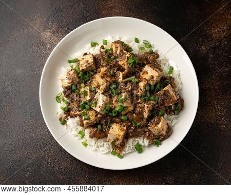 Vegan Mapo Tofu With Mushroom And Rice. Asian, Chinese Food