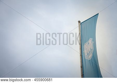 Novi Sad City Flag With The Coat Of Arms Of The City. It Is The Official Visual And Symbol Of Novi S