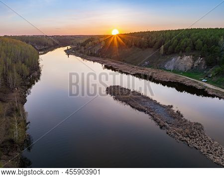 Beauriful Sunset View Along The Iset River And Rocks Near Kamensk-uralskiy. A Scenic Sunset At The R