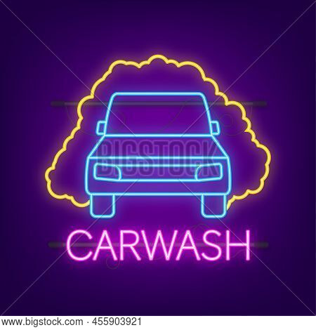 Car Wash Vehicle In Foam Neon Icon, Cleaning Car Vector Stock Illustration