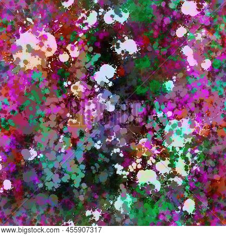 Abstract Multicolored Hand-painted Background With Neon Spots, Blots, Splashes; Smudges And Strokes 