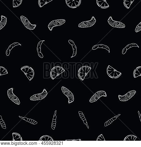 Japanese Seafood Sashimi, Shrimp, Soybeans, Lemon Horizontal Seamless Vector Pattern On Chalkboard B