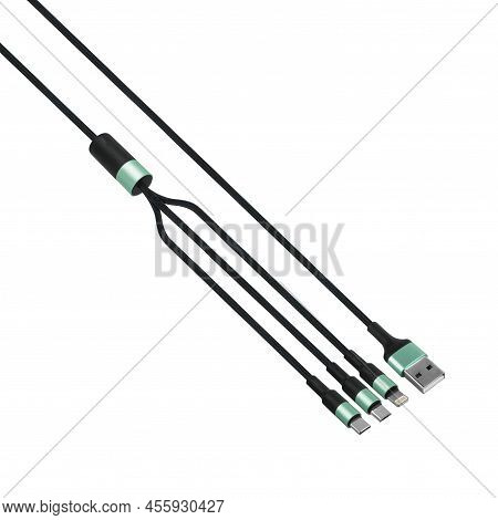 Cable And Connector For Usb, Type-c, Micro Usb, Lightning, On A White Background, Collage