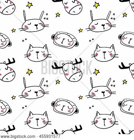 Cute Seamless Pattern With Line Art Style Wild Animals - Adorable Hand Drawn Design Eps