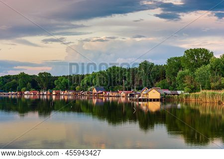 Floating Village On Bokod Lake In Hungary, Dramatic Sunset Sky