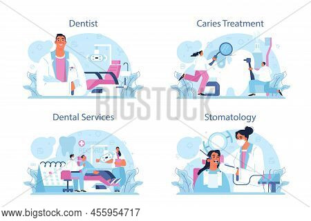 Dentist Concept Set. Dental Doctor In Uniform Treating Human Teeth