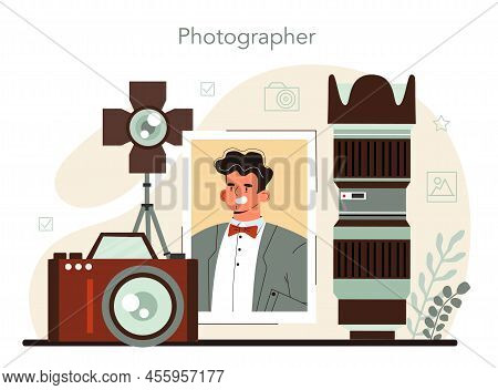 Photographer Concept. Professional Photographer With Camera Taking