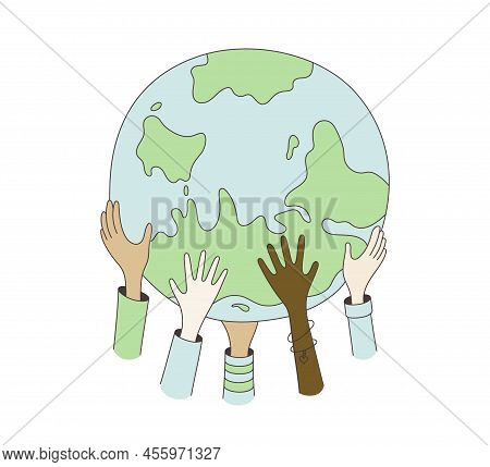 Children Hands Holding Globe. Happy Earth Day. World Children Day Hand Drawn Card. Doodle Multicultu