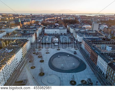 Copenhagen, Denmark - March 31, 2020: Aerial Drone View Israels Plads And The Market Halls.