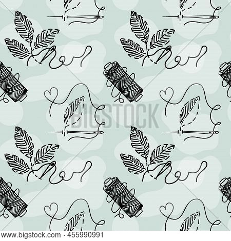 Seamless Pattern Of Embroidered Leaves, Hand-drawn Doodles In Sketch Style. Reel Of Thread. Needle A