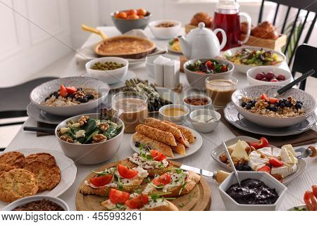 Many Different Dishes Served On Buffet Table For Brunch