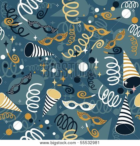 blue navy party time background with Venetian masks confetti and serpentines