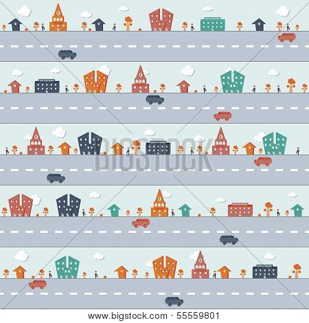 Repeating Pattern Child's City Town Scene