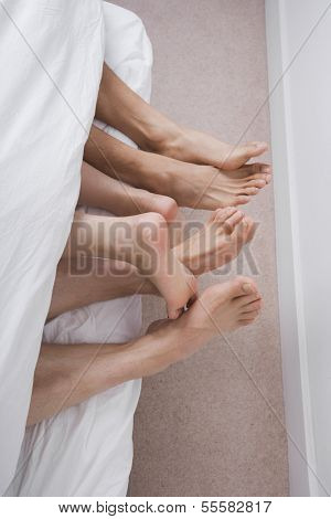 Low section of two men with woman in bed