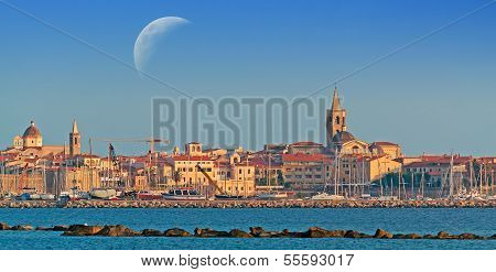 Alghero At Sunset Under The Moon