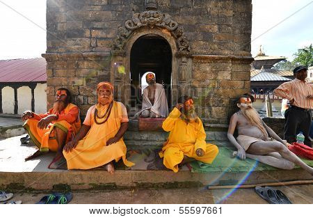 Heilige Sadhu MÃ¤nner mit Dreadlocks und traditionell bemalten Gesicht in Pashupatinath, nepal