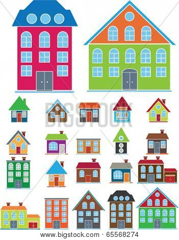 cute colorful houses, city buildings icons, signs set, vector