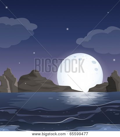 Illustration of a view of the ocean in the middle of the night