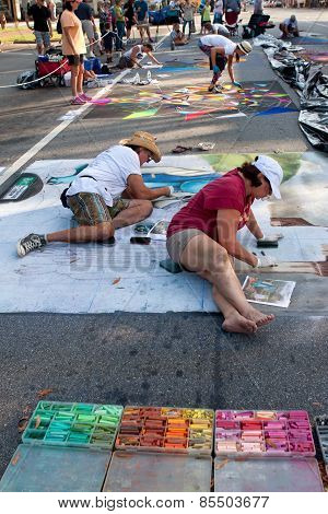 Chalk Artists Sketch Elaborate Halloween Scenes On Street