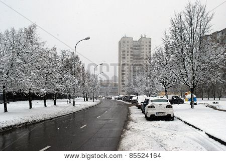Winter Snowfall In Capital Of Lithuania Vilnius City Fabijoniskes District
