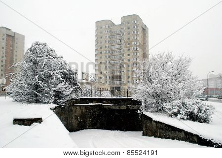Winter Snowfall In Capital Of Lithuania Vilnius City Fabijoniskes District