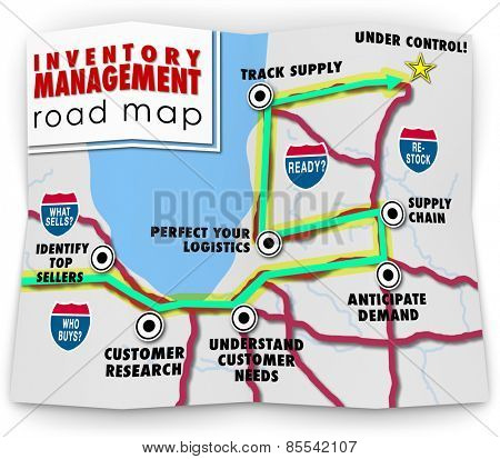 Inventory Management words on a road map offering tips, advice, information, directions and instruction on running a business that stocks and sells products through logistics and control