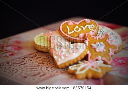 Gift for Valentine's day. Surprise for Lovers. Box of homemade gingerbread cookies shaped like.