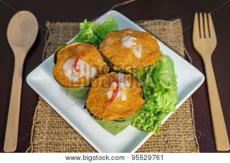 Fish Curry In Banana Leaves Serve In White Plate