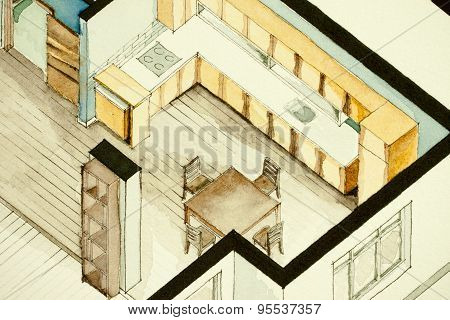 Inspiring isometric partial architectural watercolor drawing of condo apartment floor plan