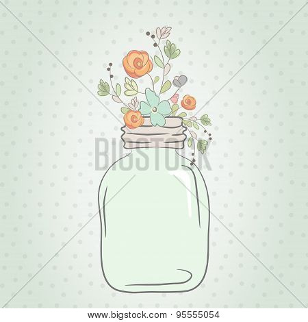 Cute Bouquet Of Wedding Flowers In A Glass Jar. Vector Illustration