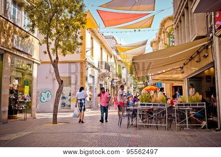 NICOSIA, CYPRUS - MAY 29, 2015: People enjoying a summer in cafes at Ledra street in central Nicosia Cyprus.