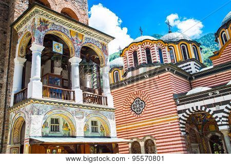 Part Of Bell Tower And Church In Famous Rila Monastery, Bulgaria