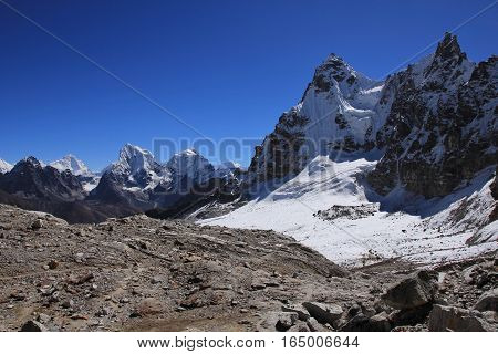 High mountains in the Everest National Park Nepal. Landscape on the way from Gokyo to Renjo La mountain pass.