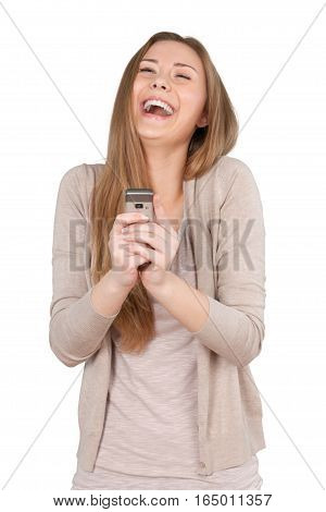 Young Woman Lauging and Holding Mobile Phone - Isolated