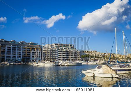 Msida Malta - Jacht marina at Msida with blue sky and clouds on a beautiful summer day