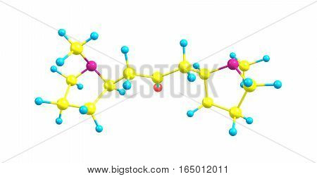 Cuscohygrine is a pyrrolidine alkaloid found in coca. Cuscohygrine usually occurs along with other more potent alkaloids such as atropine or cocaine. 3d illustration